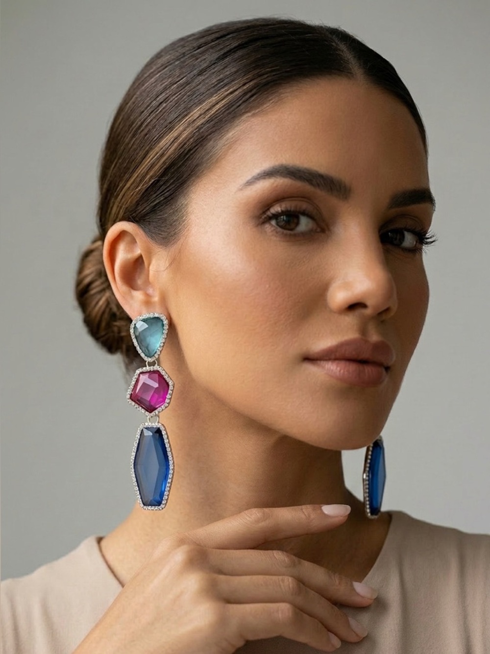 Statement Multi-Stone Drop Earrings in Blue, Pink & Teal - Glass stones